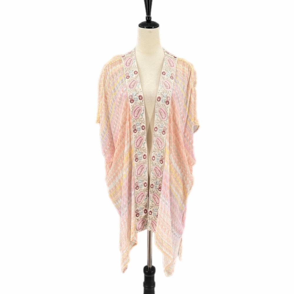 Soft Surroundings S/M Floral Embroidered Stripe Pastel Open Short Sleeve Kimono